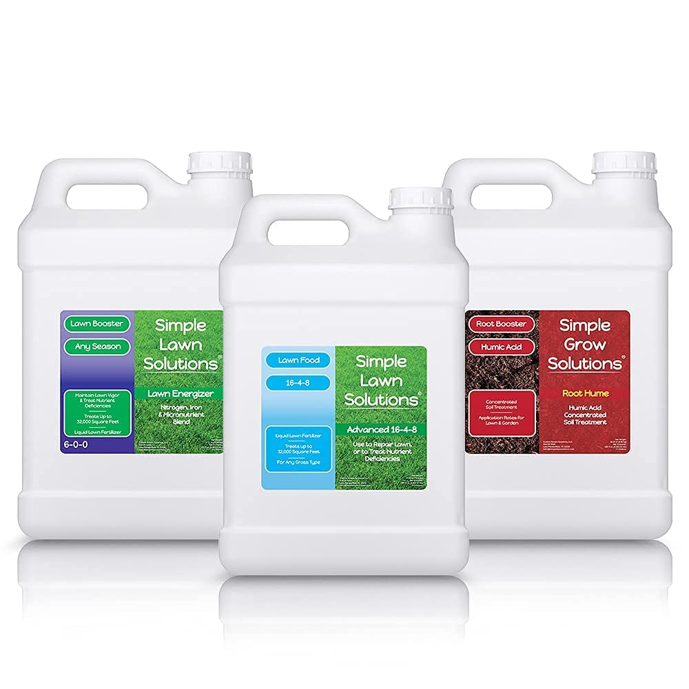 16-4-8 Lawn Food (2.5 Gallons) and Lawn Energizer Nitrogen & Iron (2.5 Gallons) and Root Hume, Humic (2.5 Gallons) - Simple Lawn Solutions