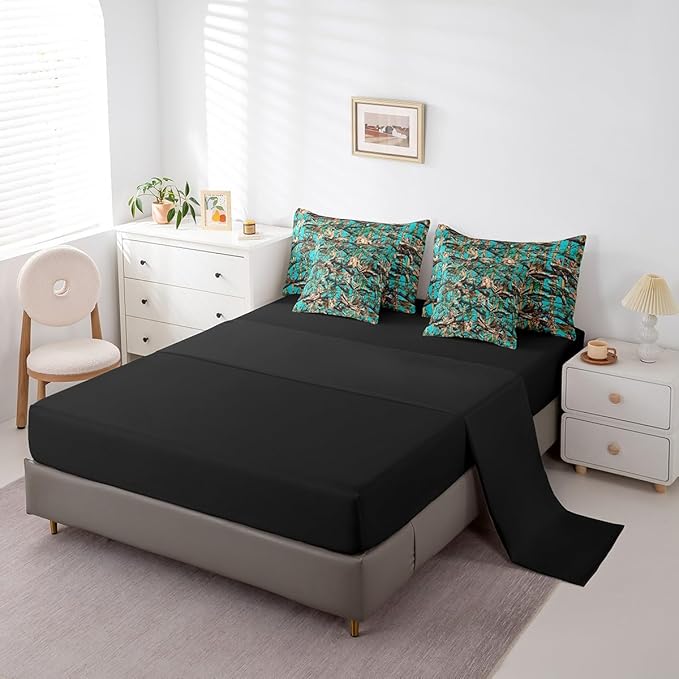Feelyou Tree Branches 7 Pieces Bedding Set, for Kids Wild Hunting Leaf Bed Set King Size Botanical Tree Bed in a Bag with Comforter, Sheets, Pillowcases Bedroom Decor Nature Theme Teal Brown