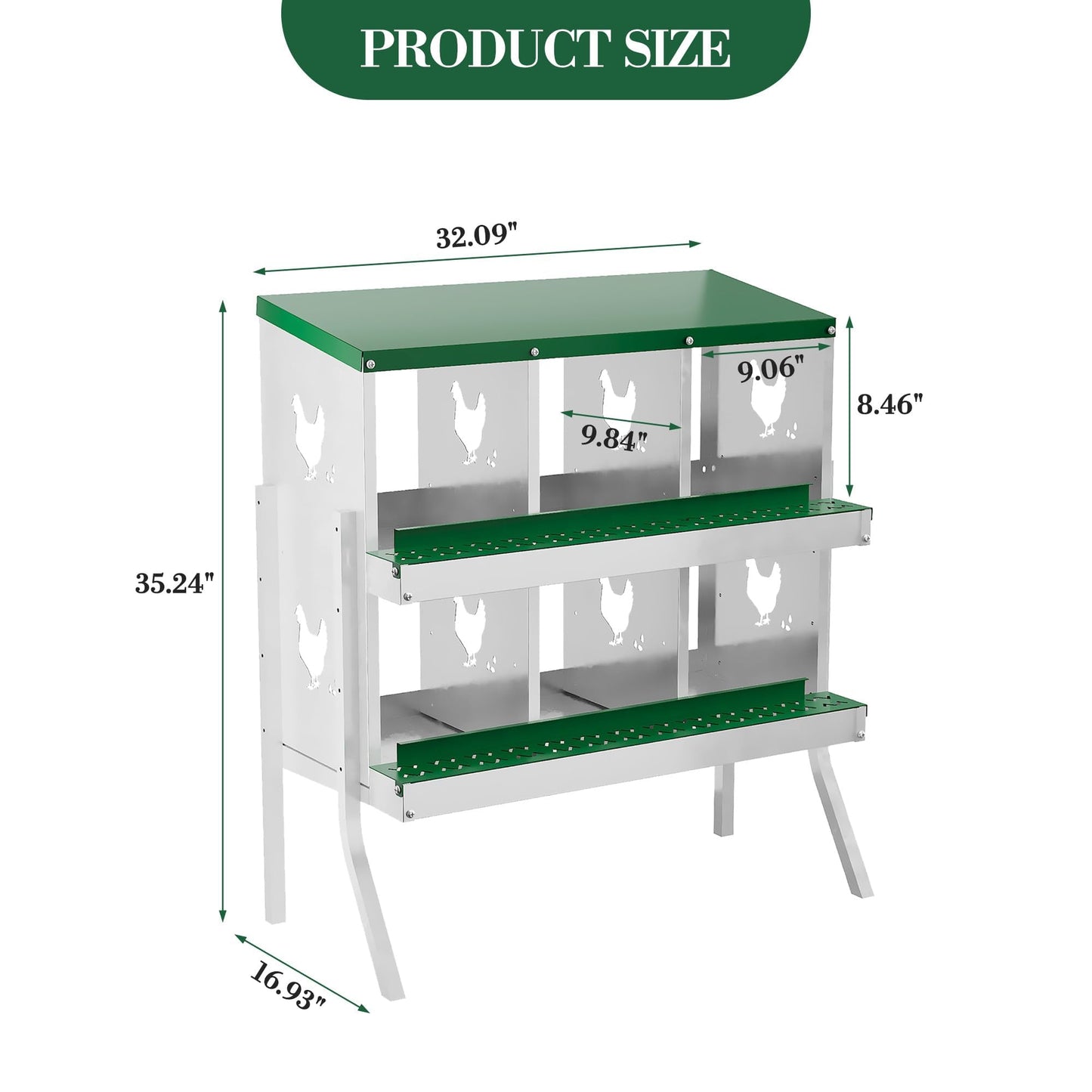 Chicken Nesting Box,6 Holes with Legs Roll Away Nesting Box for Laying Eggs, Wall Mount Chicken Nesting Boxes with Roll Out Egg Collection with Vented Holes for Hens, Green