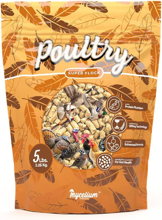 Mycelium Poultry Super Flock Feed (5 LB Bag) | High-Protein Poultry Feed with Probiotics & Vitamins | Supports Growth, Feather Health & Gut Function | Non-GMO, Made in USA