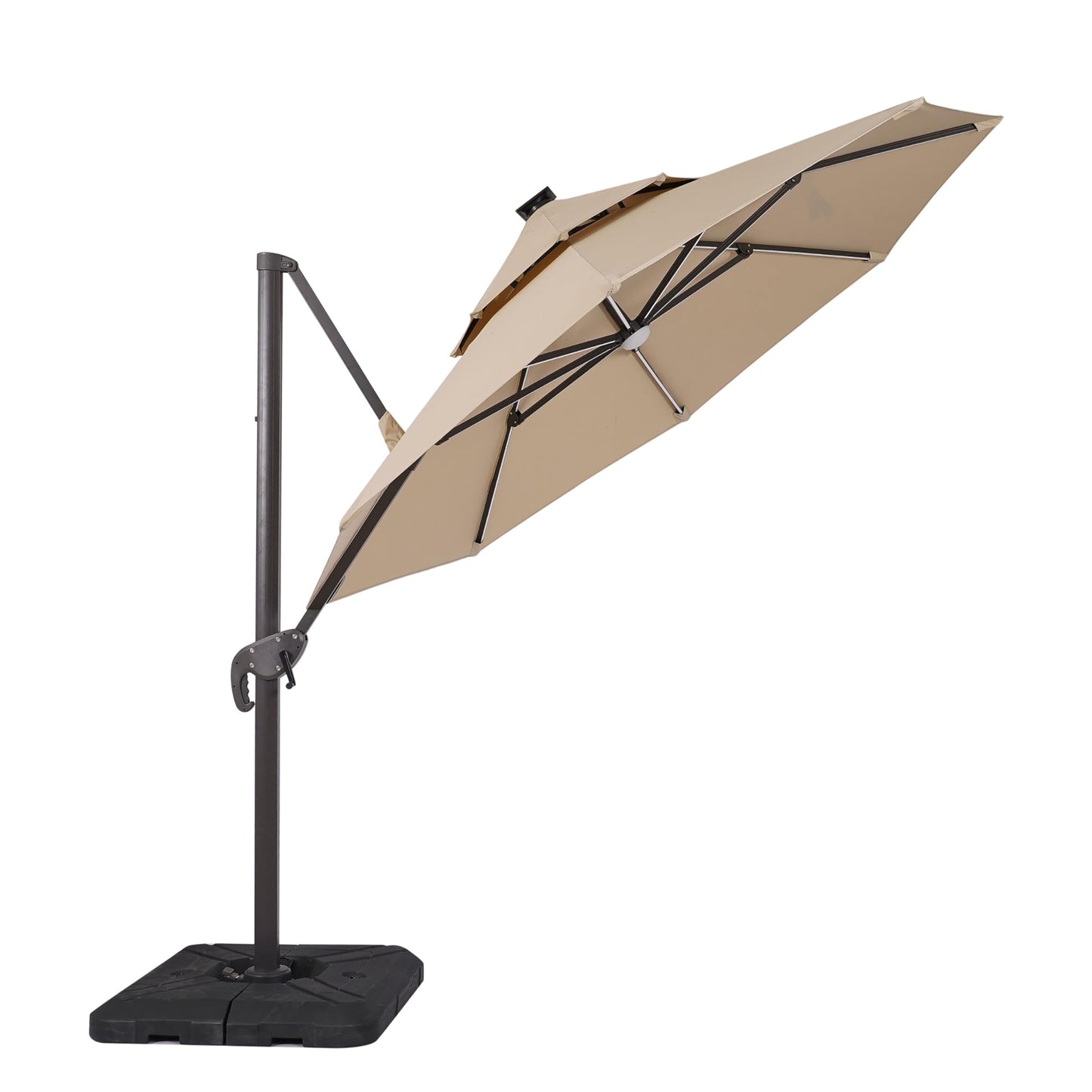 Greemotion Pire 8-foot Cantilever UV-resistant Shade Rotation Tilt Umbrella with Heavy Base and Built-in Solar Panel LED Light for Outdoor, Porch, Pool, Deck, Beige