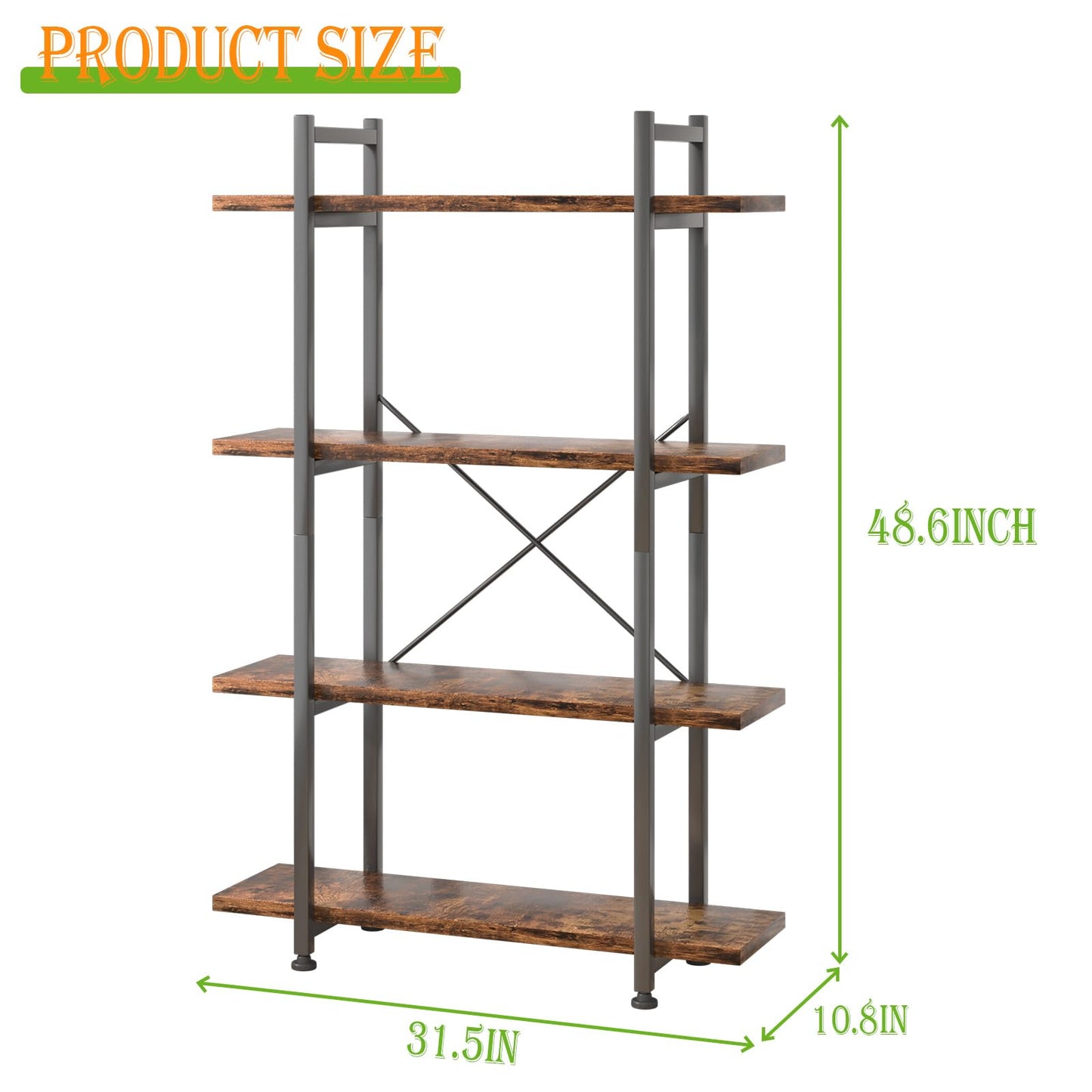 Azheruol 4 Tiers Bookshelf Rustic Brown Wooden Storage Shelf, Industrial Shelf Book Organizer,Modern Open Display Storage Bookcase,Metal Bookshelf Standing Tall Shelving Units for Home Office Study.
