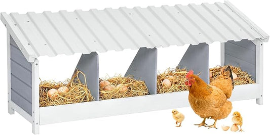 PETSFIT 4 Holes Chicken Nesting Box-All Weather PVC Roof, Natural Wood Design with Privacy Back Panel for Hens-Wall Mounted or Floor Use in Coops, Farms, Backyards,Easy to Assemble