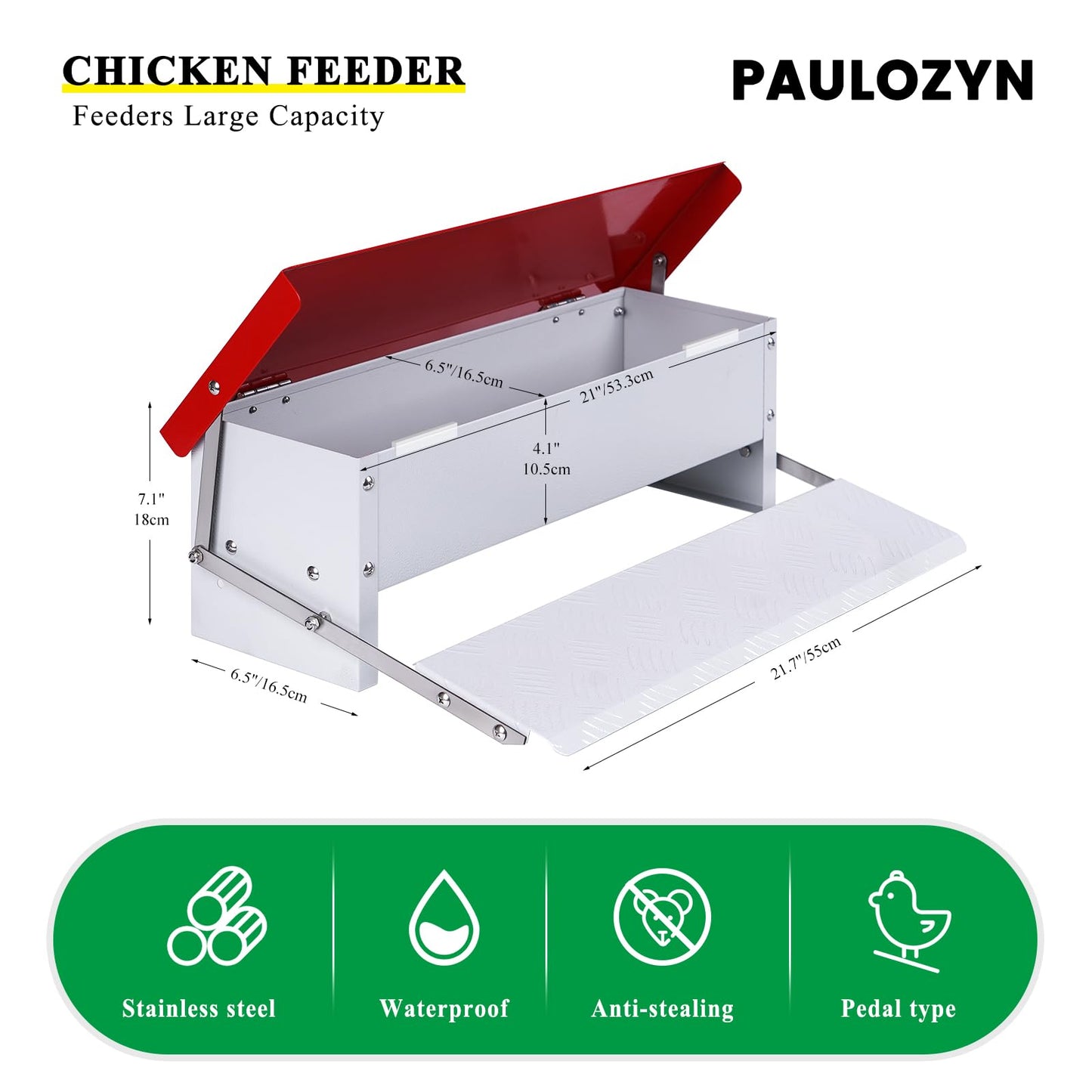 PAULOZYN 9L Automatic Chicken Feeder Treadle Rat Proof Metal Galvanized Poultry Feeders Treadle Chicken Feeder with Weatherproof Lid for Duck Turkey Outside No Waste