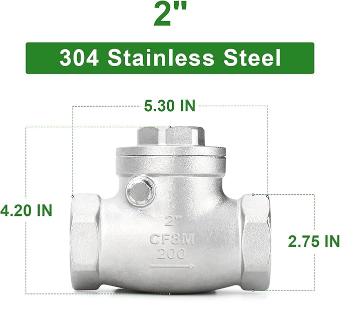 TAISHER 1PCS 304 Stainless Steel 2" Female Swing Check Valve，Backflow Prevention, One Way Check Valve CF8 WOG 1000