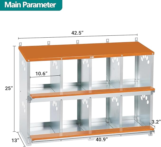 8 Compartment Chicken Nesting Box, Metal Nesting Boxes for Chicken, Indoor & Outdoor Use, Wall Mountable Laying Boxes for Hens, 42.5" L x 13.0" W x 25.0" H, Orange