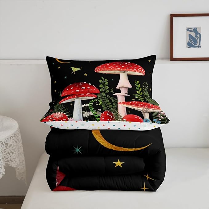 Castle Fairy Red Mushroom Girls Comforter Set Full Size,Magical Plant Snail Duvet Sets Teens Bedroom Decor,Jungle Botanical Brushed Microfiber Soft Bedding Comforter