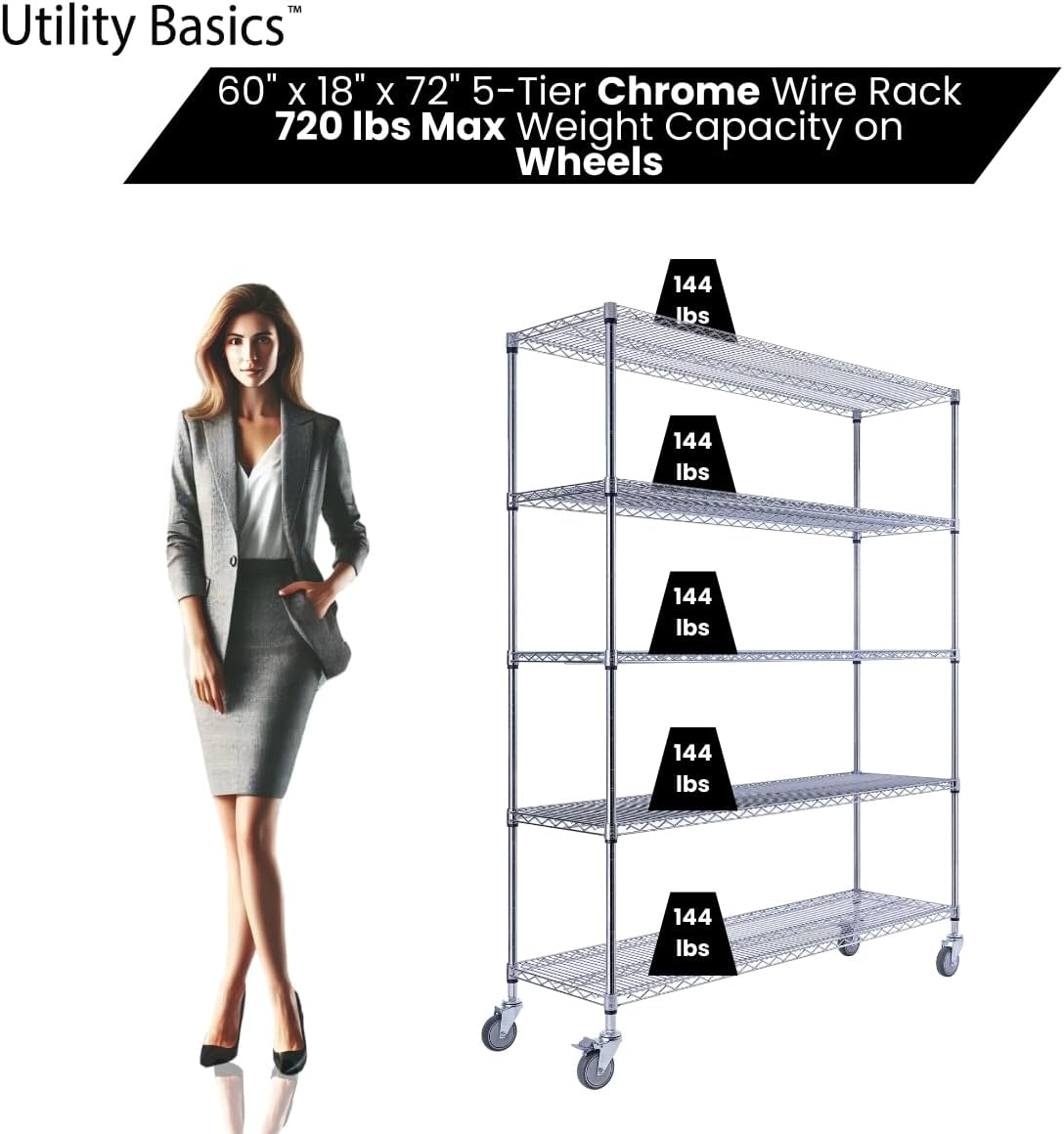 Utility Basics 60"x18"x72" Chrome 5-Tier PREMIUM Wire Shelving NSF 4000 LBS MAX CAPACITY Heavy Duty Steel Storage Rack for Warehouses, Garages, Hospitals, Commercial Spaces, & Schools w/PREMIUM WHEELS