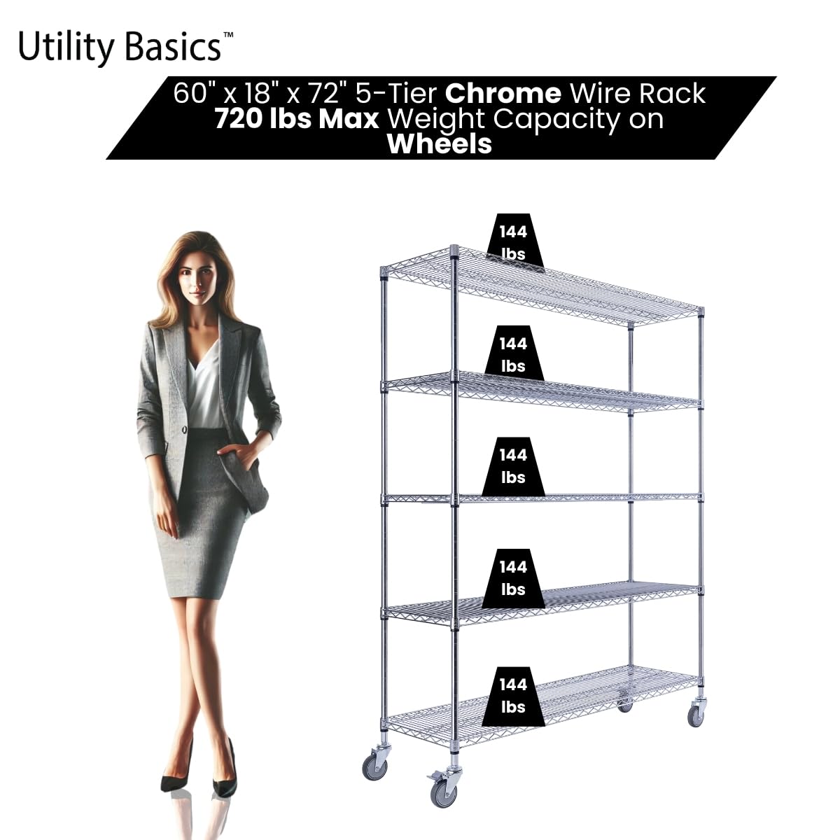 Utility Basics 60"x18"x72" Chrome 5-Tier PREMIUM Wire Shelving NSF 4000 LBS MAX CAPACITY Heavy Duty Steel Storage Rack for Warehouses, Garages, Hospitals, Commercial Spaces, & Schools w/PREMIUM WHEELS