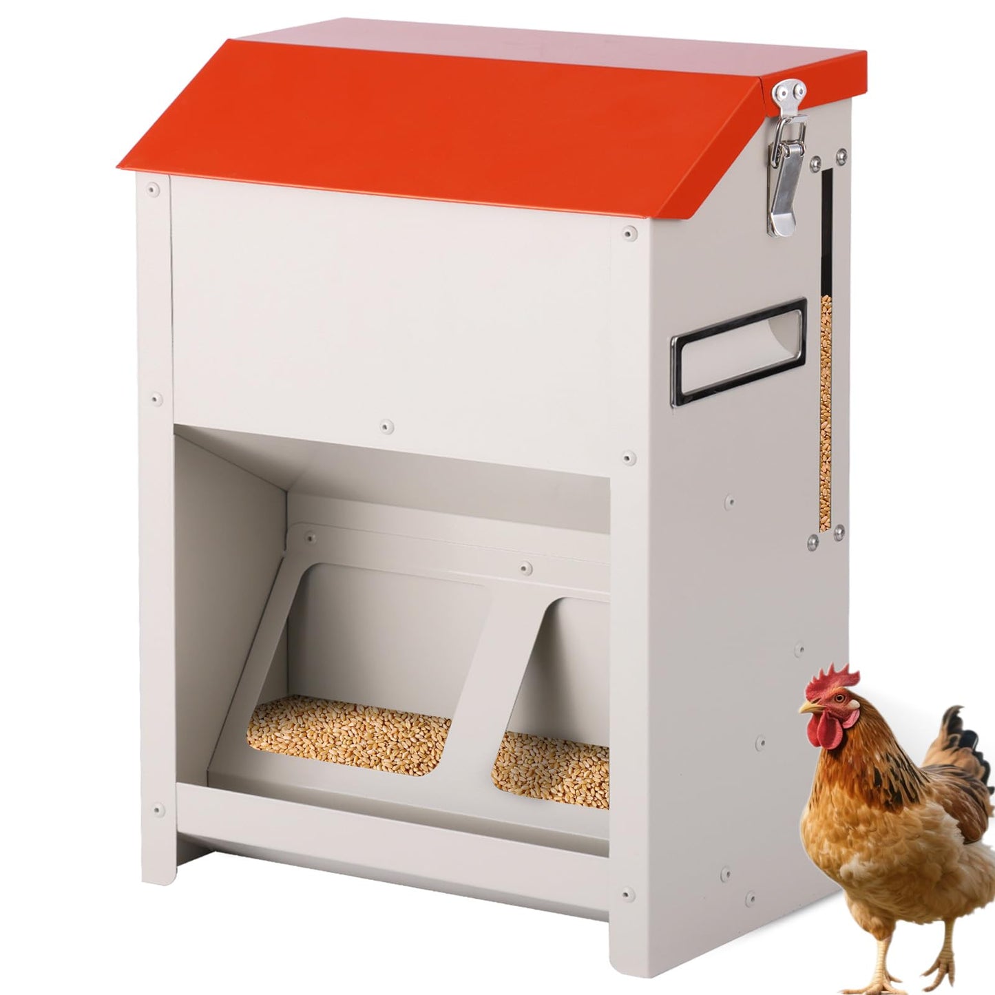 MUDUOBAN Chicken Feeder Wall Mount - Galvanized Metal Hanging Poultry Feeder No Waste - Chicken Coop Feed Dispenser for Oyster Shell & Grit
