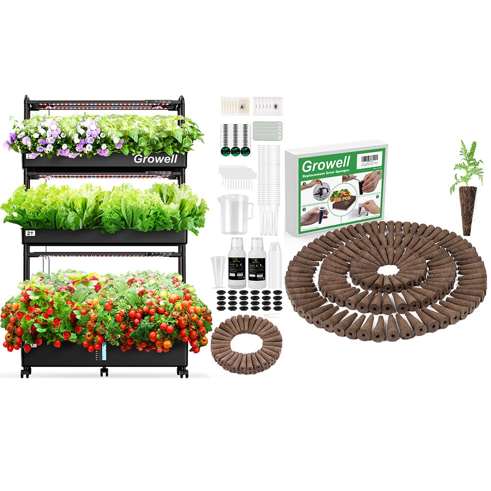 Growell 90 Pods Large Hydroponics Growing System Kit & 120 Pack Grow Sponges