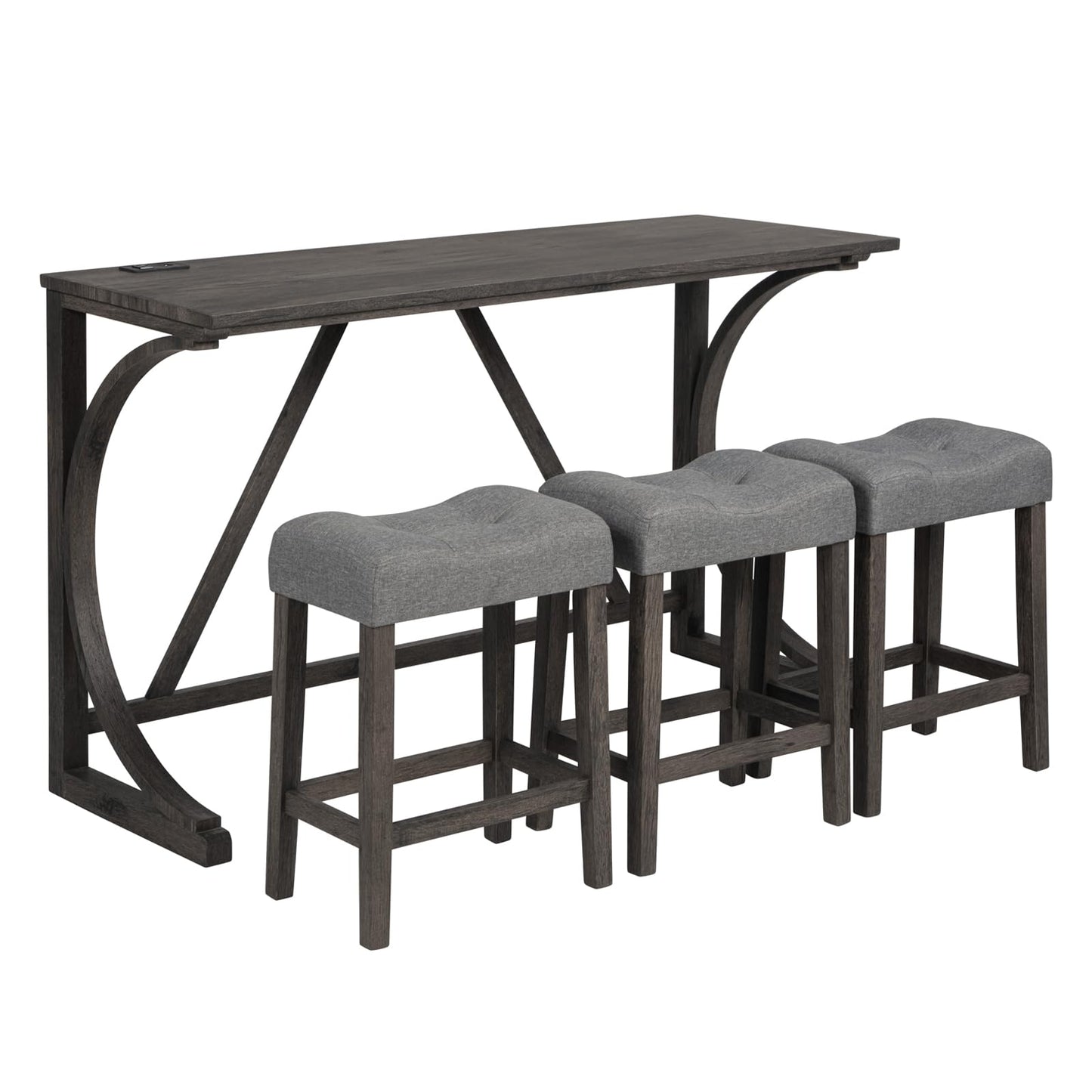 Ball & Cast 4 Piece Counter Height Bar Tables Stool Set, Farmhouse Wooden Kitchen Island-Table w/USB Ports & Power Outlet & 3pcs Padded Stools,59" Dining-Table with Chairs,Charging Station, Dark Gray