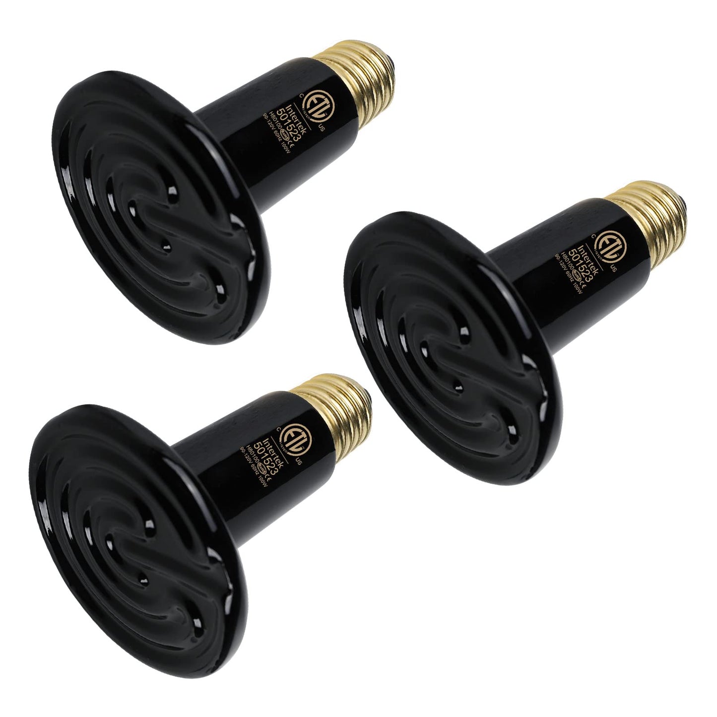 WUHOSTAM 3 Pack 100W Black Reptile Heat Lamp, Infrared Ceramic Emitter Bulb for Pet Coop Heater, Lizard, Turtle, Snake, Aquarium, No Harm No Light, ETL Listed