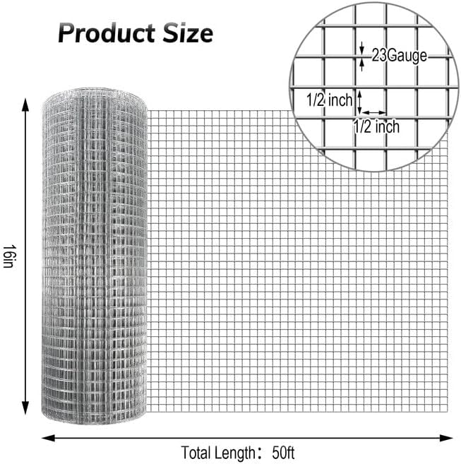 Hardware Cloth, 1/2inch 23Ga 16in x 50ft Chicken Wire Fencing, Galvanized Welded Chicken Wire Mesh for Chicken Coop Poultry Netting Garden, Predator Proof Chicken Wire Fence Roll