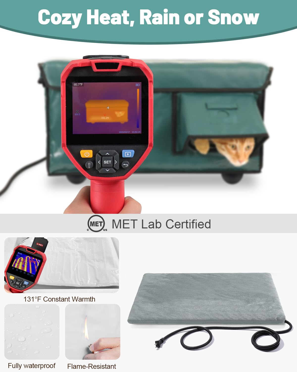 Heated Cat House for Outside with Dual Doors, Insulated Cat House Outdoor with Heating Pad, Weatherproof Heated Outdoor Cats Houses Waterproof for Feral Cats (Deep Green, 17" L x 12" W x 13" H)