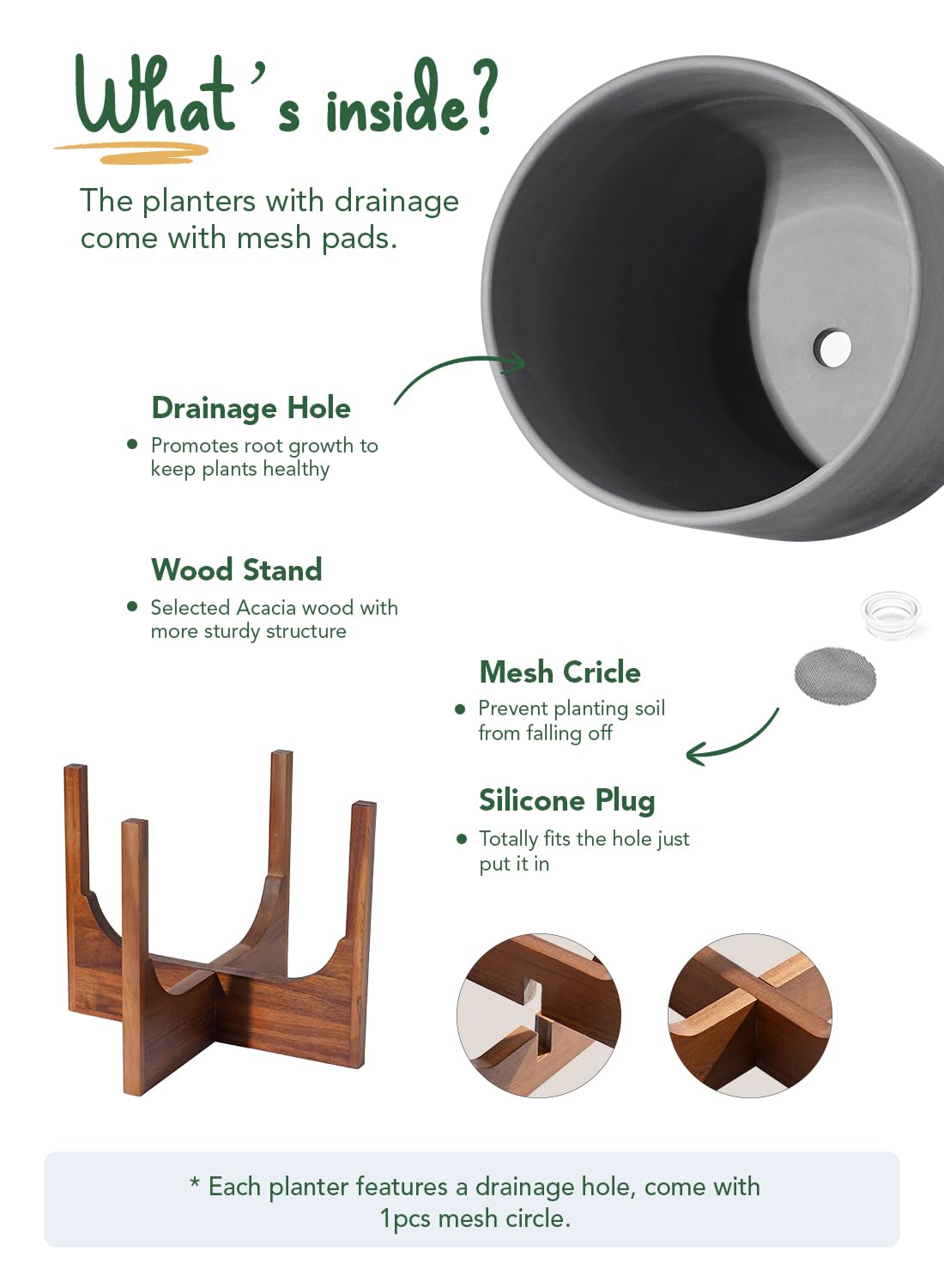 LE TAUCI 12 Inch Planter with Acacia Wood Stand, Ceramic Large Plant Pot for Indoor Plants, Cylinder Pots with Drainage Hole and Plug, Charcoal Gray