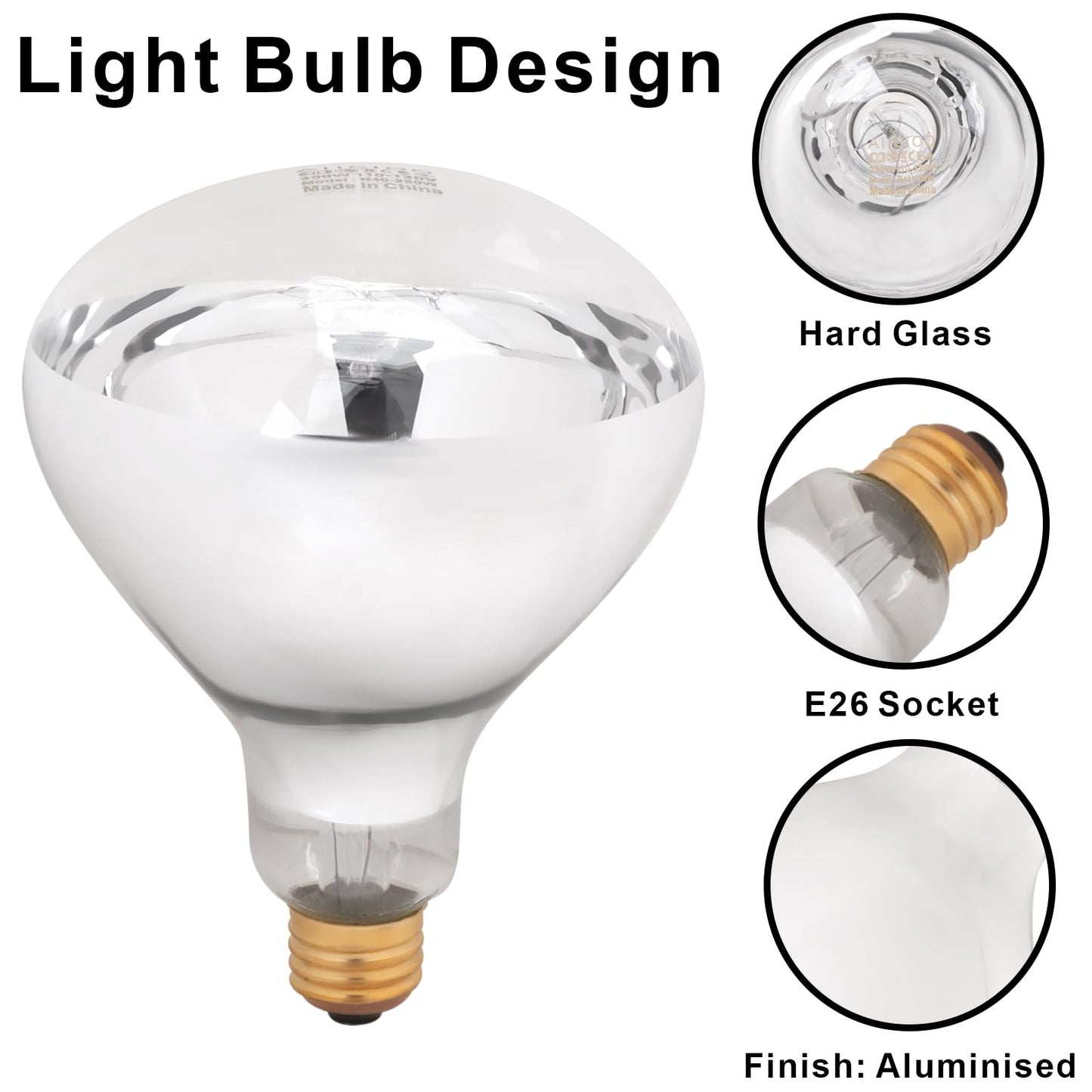 Aiicioo 250W R40 Clear Heat Lamp Bulb R40 Incandescent Heat lamp Bulb for Pets Flood Light Bulb for Chickens Clear Infrared Bath Light E26 Base 2 Pack