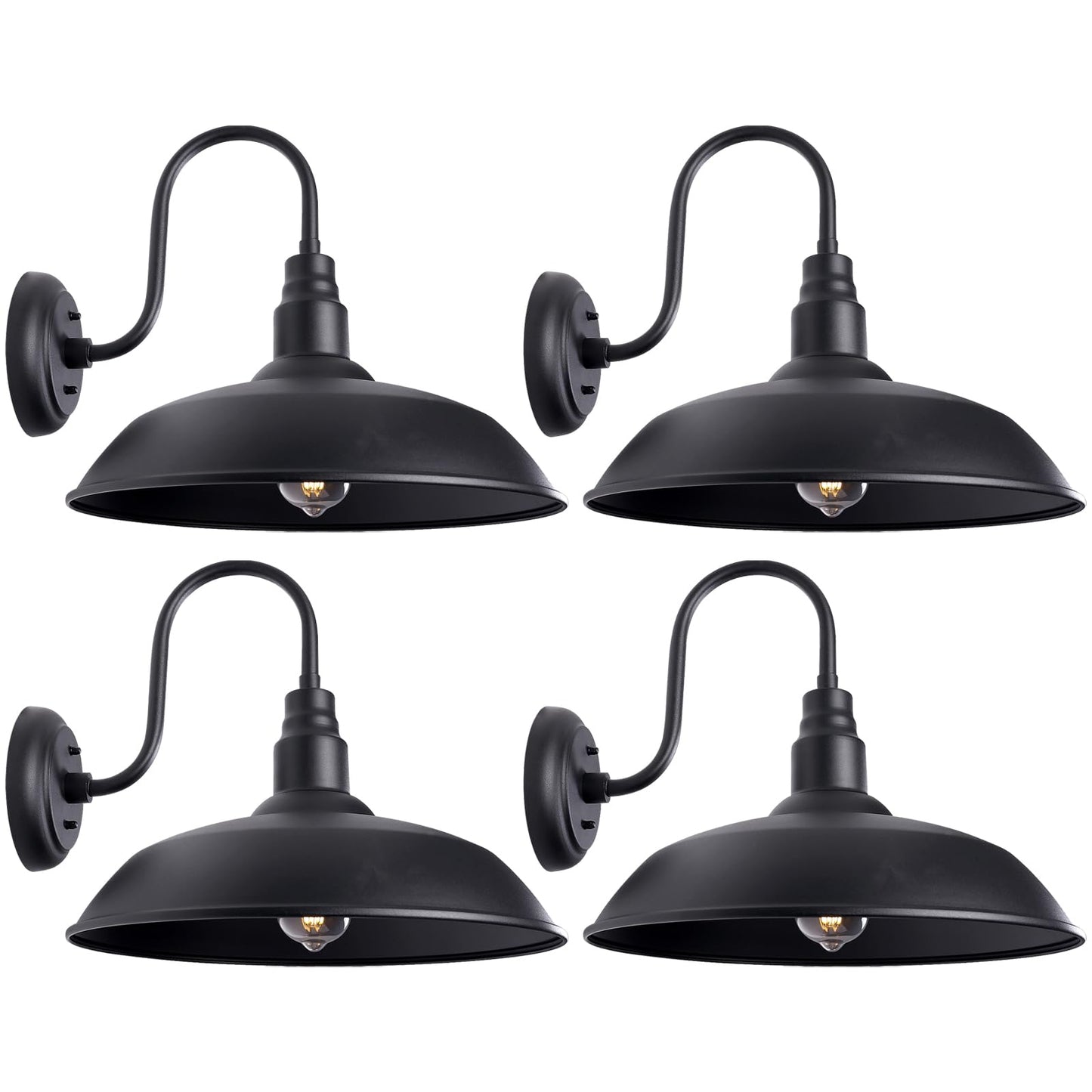 Large Black Gooseneck Barn Light for Farmhouse, 16in Dome Outdoor Wall Lights for Porch, 4 Pack Exterior Lighting Fixture with Goose Neck Arm for Front and Back Porch House Garage Door