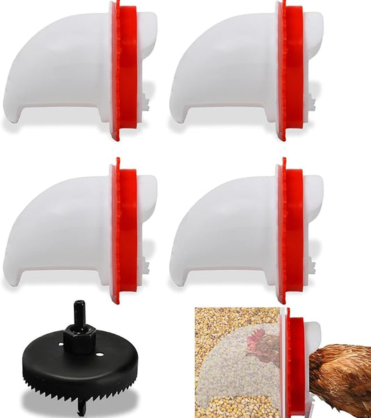 DIY Chicken Poultry Pro Feeder Port No Waste Mess Cups Kit with Covers Gravity Feed Kit Ports 4-1 Hole Saw for Buckets, Barrels, Bins, Troughs