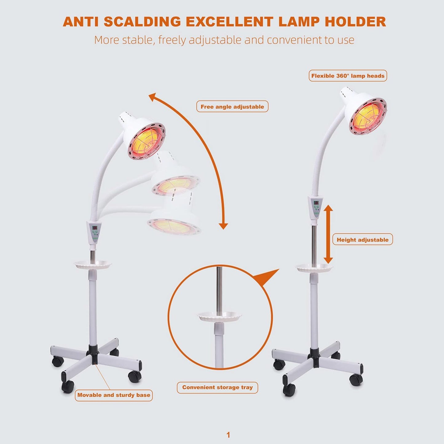 YUNCHI Infrared Red Light Therapy Heat Lamp 275W, Adjustable Temperature & 360° Rotating Head, Floor Stand with Wheels for Pain Relief
