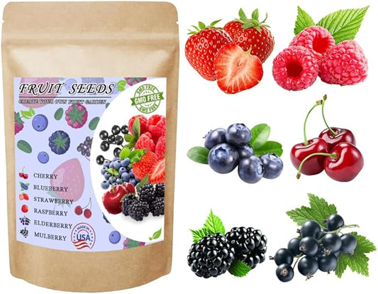 Mix Fruit Seeds 1100+ Berry Seeds for Planting Strawberry Raspberry Mulberry Blueberry Elderberry Cherry - 6 Varieties Individually Packaged Non-GMO for Home Garden