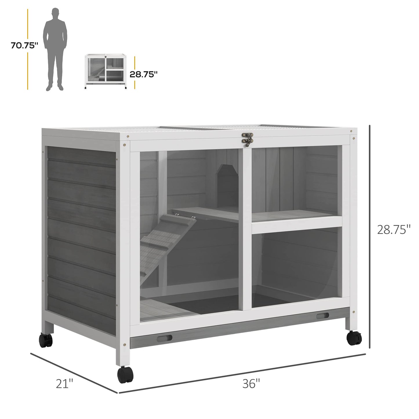 PawHut Rabbit Hutch with Wheels, Desk and Side Table Sized, Wooden Rabbit Cage, Waterproof Small Bunny Cage with Removable Tray, Openable Roof, for Indoor & Outdoor, Gray