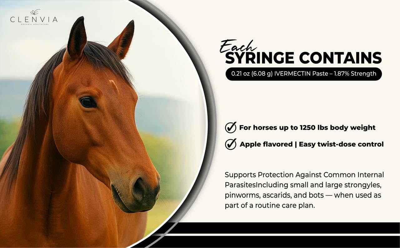 CLENVIA Horse Paste 1.87% – Apple Flavored Wormer – 6.08g Tube – Treats Up to 1250 lb (4 Pack)