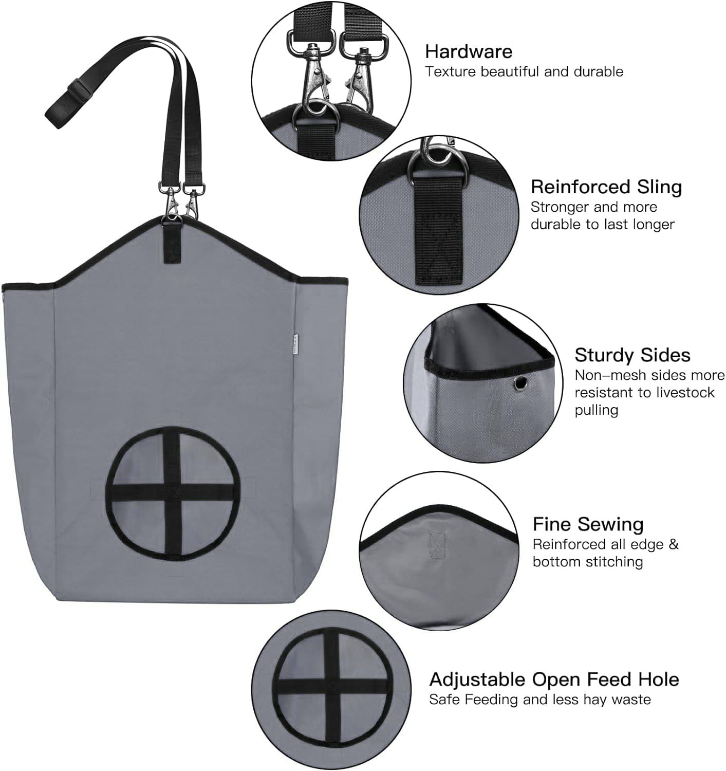 MIYABALA 3 Packs Goat Hay Feeder,Hay Bags for Goats,Horses,Sheep,Premium 600D Oxford Cloth,with Metal Fastener and Adjustable Open Feed Hole for Slow Feeding. (1 Black+2Grey)