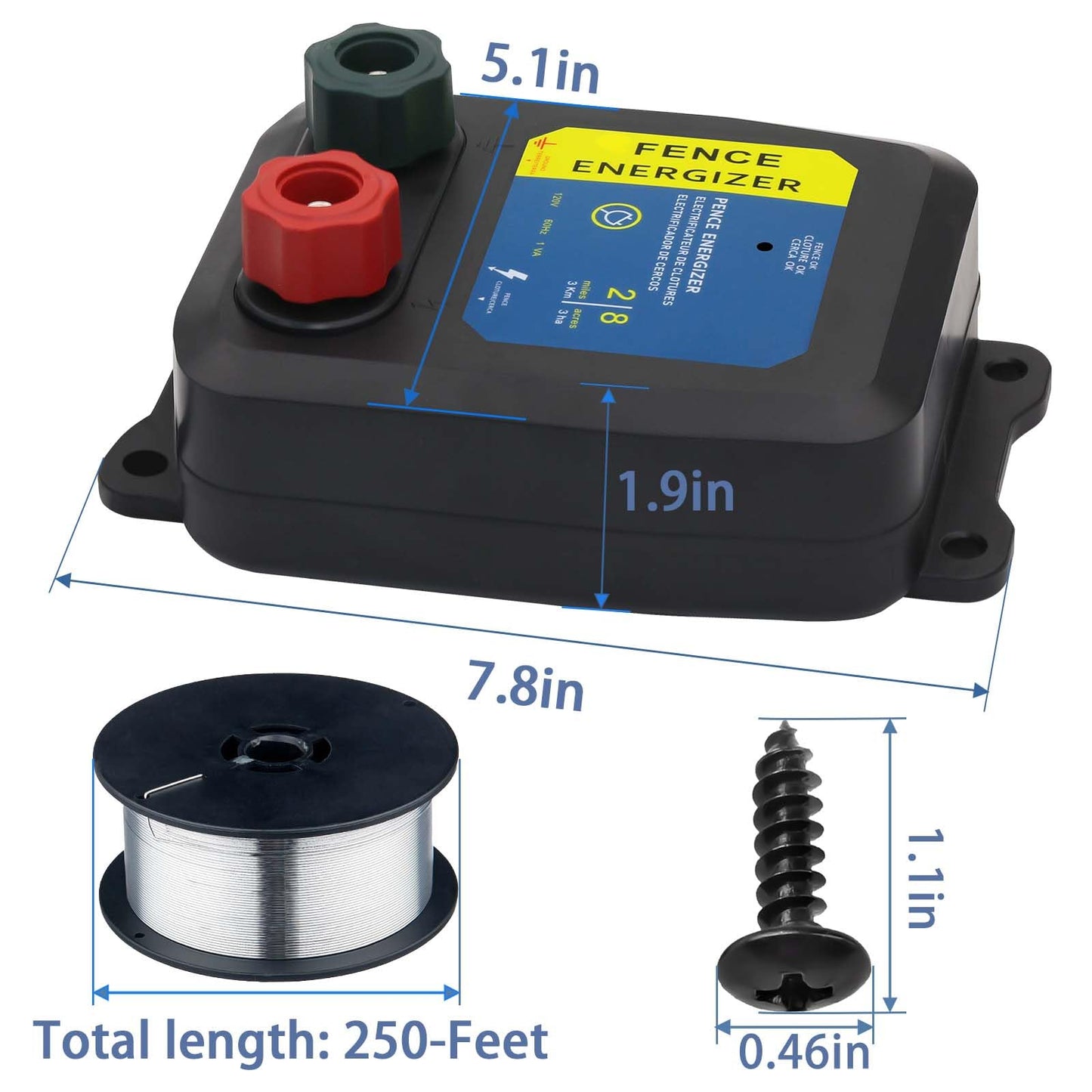 Electric Fence Energizer Plus 250,Electric Fence Charger and 17 Gauge Spool Aluminum Wire PE2 0.10 Joule,Livestock Fence Chargers for Containing Pets and Keeping Out Small Nuisance Animals