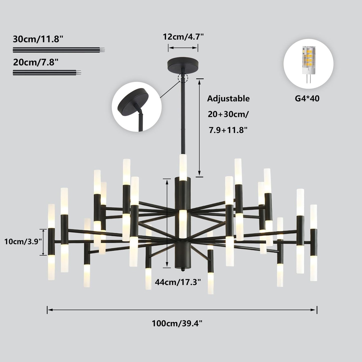 KCO Lighting Black Sputnik Light Fixture Vintage Chandelier 40 Lights Mid Century Modern LED Transitional Farmhouse Bedroom Ceiling Light
