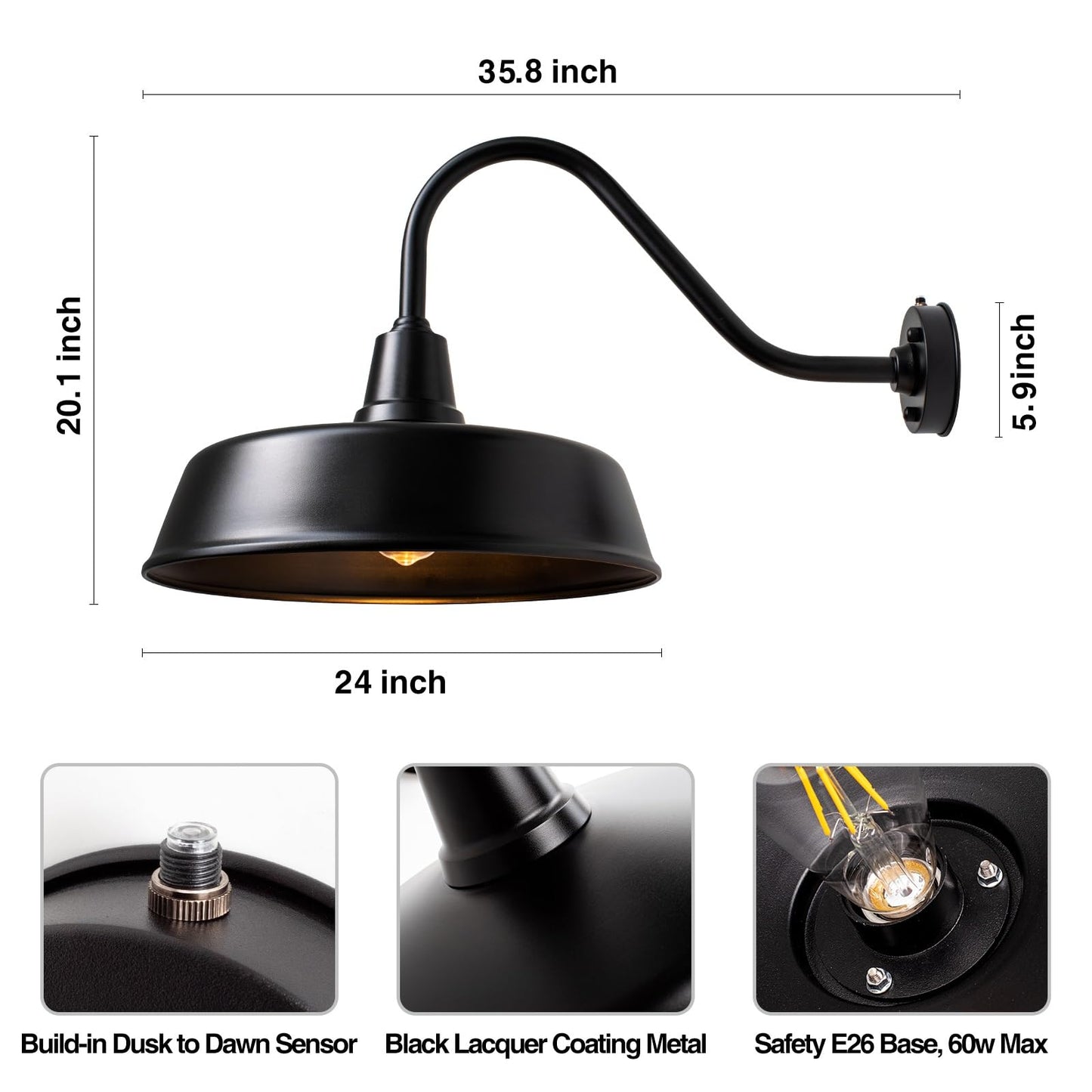 Naurham 24 inch Barn Lights Outdoor Gooseneck Lighting, Dusk to Dawn Black Exterior Barn Lights, Farmhouse Wall Lighting Fixtures with Sensor for Porch Garage (2, 24" Diameter)