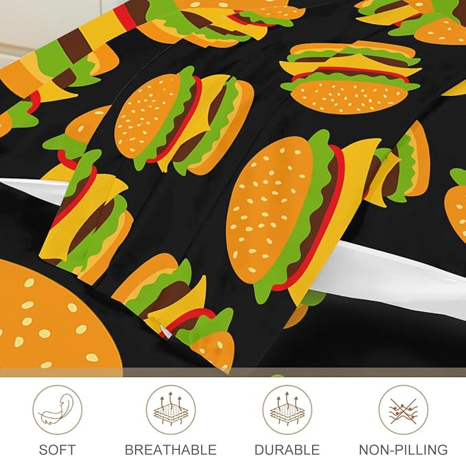California King Bed Sheets Set - 3 Piece 3D Cheeseburger Bedding - Brushed Microfiber - Shrinkage and Fade Resistant - Easy Care (French Fry Hamburger, California King, Black & Yellow)