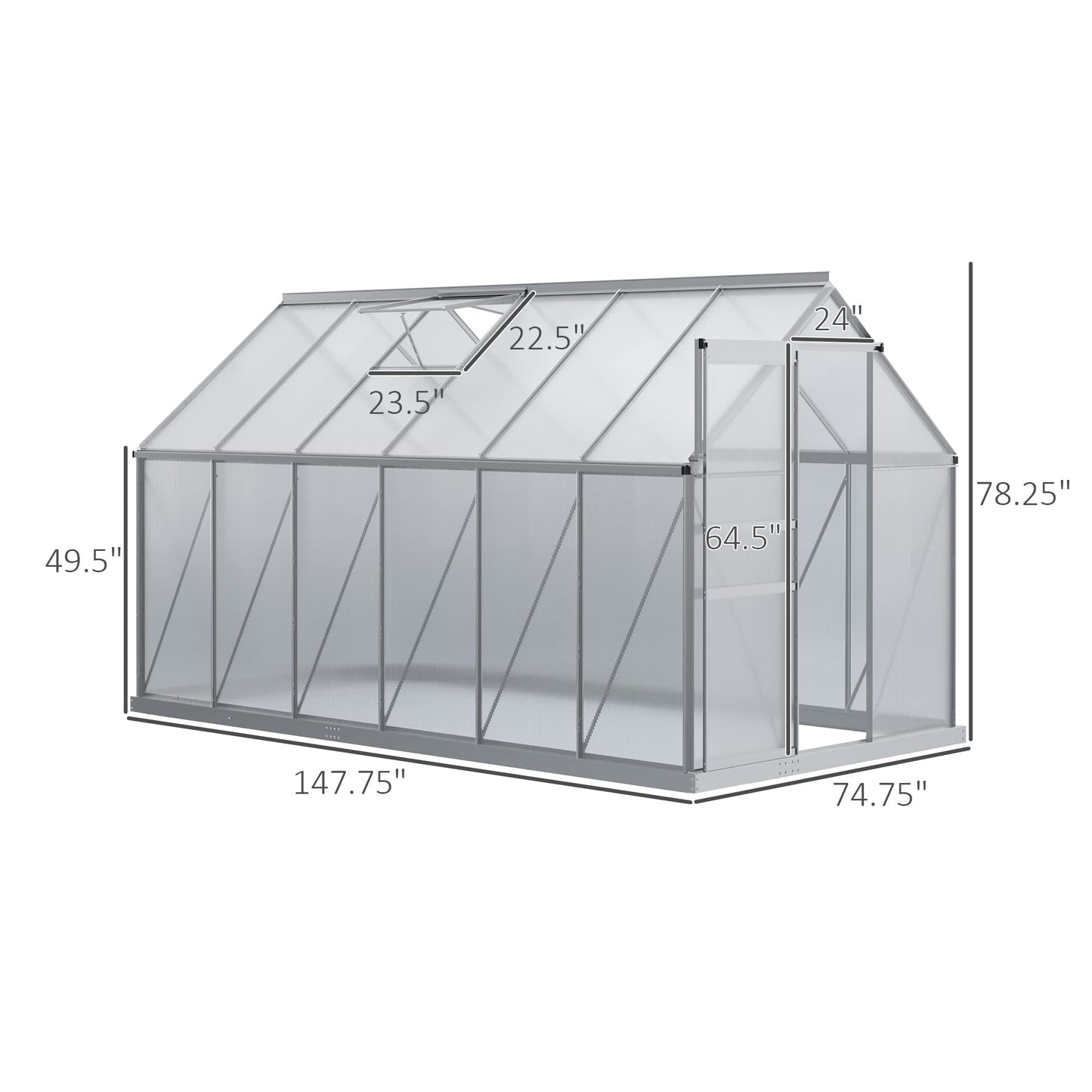 Outsunny 12' x 6' x 6.5' Polycarbonate Greenhouse with Aluminum Frame, Walk-in Heavy Duty Greenhouse with Adjustable Roof Vent, Rain Gutter and Sliding Door for Winter, Silver