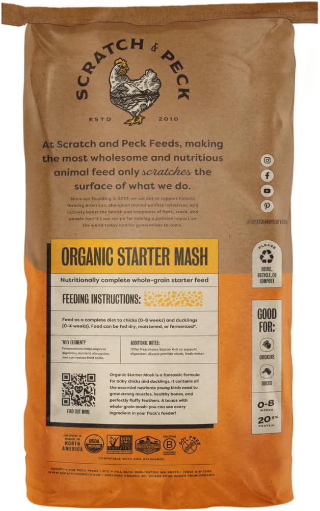 Scratch and Peck Feeds Whole Grain Starter Mash Chicken and Duck Feed - 40 lbs Bag - Corn-Free and Soy-Free - 20.5% Protein, Certified Organic and Non-GMO Project Verified Chicken Food