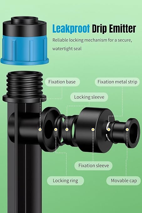 MIXC 30pcs Quick-Connect Drip Irrigation Emitters Fan Shape for 1/4" Drip Irrigation Tubing - Adjustable Push-to-Connect 360° Drip Emitters Vortex on 6" Sturdy Stake for Irrigation System