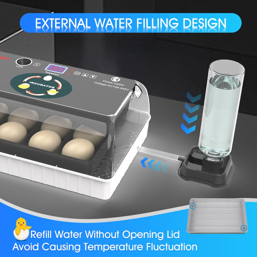 12 Automatic Egg Incubators for Hatching Eggs Whith Smart Temperature Control, Auto Turner, LED Candling for Chicken, Duck, Quail Eggs (12-Black)
