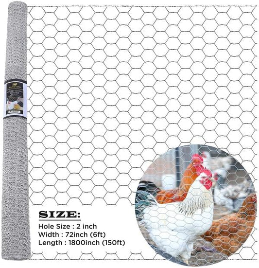 Chicken Wire 72 in x 150 FT x 2” Mesh x 20GA | Poultry Wire Netting | Hot Dipped Galvanised | Hexagonal Galvanized Mesh for Chicken Coop, Rabbit Cage, Fence Barrier PM72x150x2