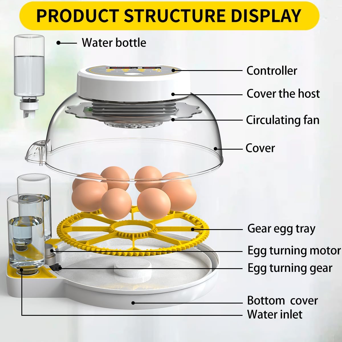 DEZHXHE 18/60 Incubator for Hatching Eggs, Egg Incubators with Humidity Display, Egg Candler, Automatic Egg Turner, Poultry Egg Incubator for Hatching Chicken Duck Goose Bird Quails- Yellow