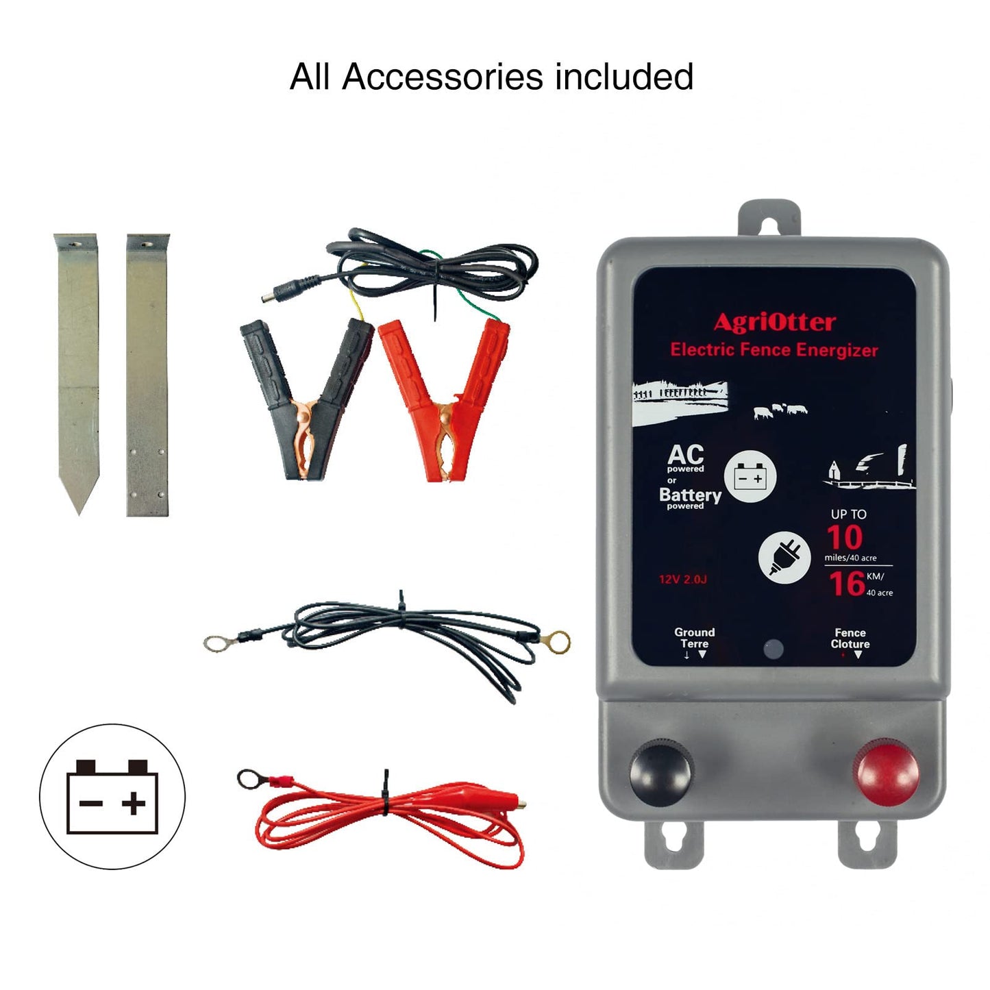 AgriOtter Electric Fence Energizer 40 Acre 10 Miles 2 in 1 Powered by Battery or AC Outlet 12000V 2J Pulse Electric