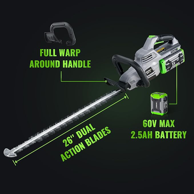 26-Inch Hedge Trimmers Cordless with Battery 60V Electric Bush Trimmer 2.5Ah Battery Power Heavy Duty Hedge Trimmer Brushless|Dual Action Steel Blades|1" Cutting Capacity for Shaping Hedges Shrubs