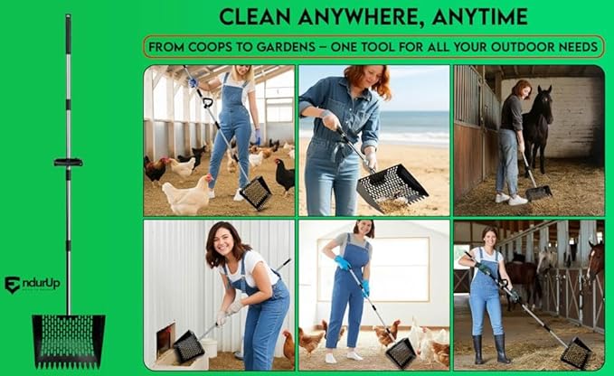 Chicken Poop Scoop & Coop Rake with Gloves – Back-Saving Sand Sifter Shovel, Adjustable Metal Litter Pooper Scooper Long Handle for Chicken Coop Cleaning and Pet Waste