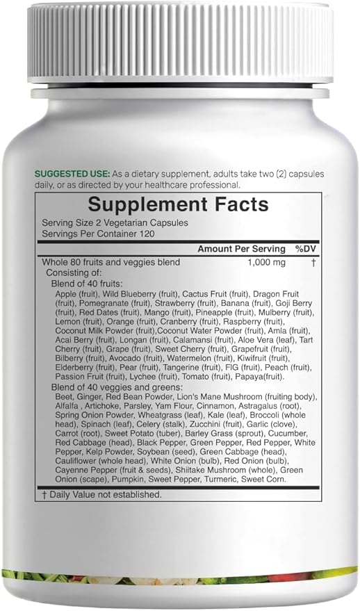 Nature’s Fruits & Veggies Supplement, 240 Veggie Capsules – 80 Whole Food Superfoods for Daily Balance – 40 Fruits with 40 Vegetables and Greens – Non-GMO, Gluten Free