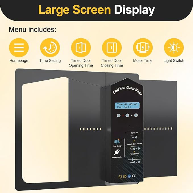Automatic Chicken Coop Door Solar Powered with LCD Display, Large Aluminum Alloy Chicken Door with Safety Anti-Pinch, 3 Power Supply Modes, Remote Control, Adaptable to a variety of harsh environments