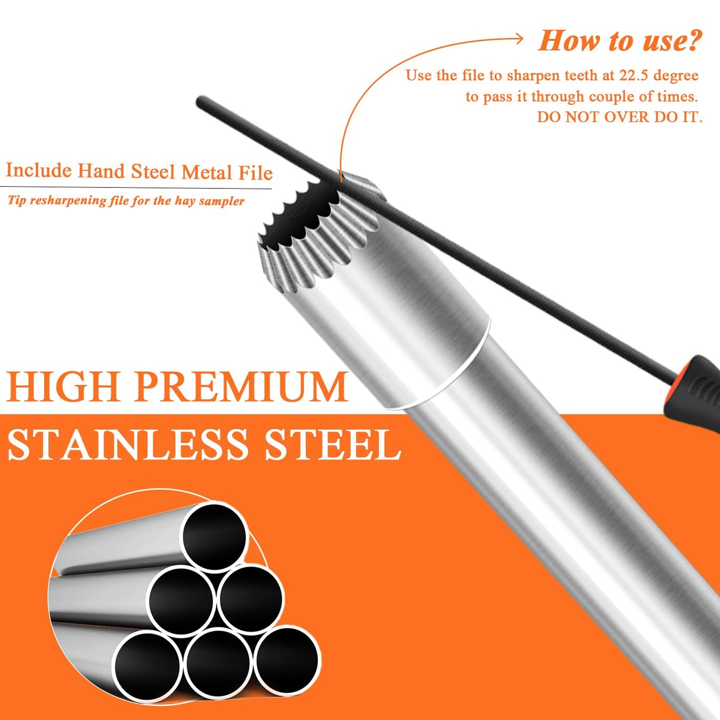 Hay Probe Bale Sampler, 26 Inch Stainless Steel Hay Core and Forage Probe for Drill, Serrated Tip Design, Accurate Hay Testing, Comes with Dowel and Metal File for Resharpening