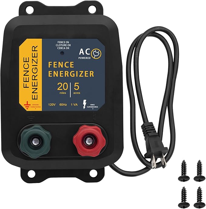 Electric Fence Energizer 5 Miles/ 20 Acres AC Powered 120 Volt, Plug-in Electric Fence Charger Output 0.2 Joule for Preventing Raccoons, Livestock, Squirrels, Chicken Coops, Skunks intruding