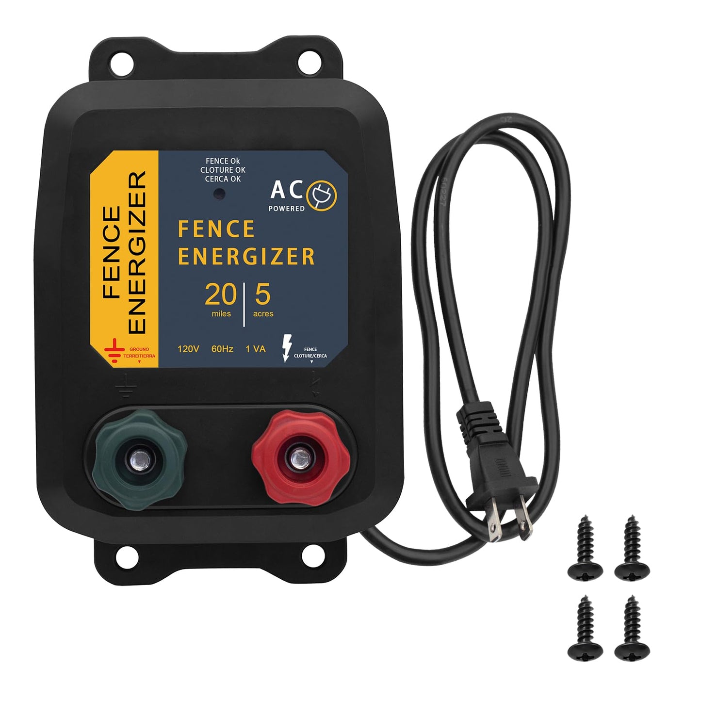 Electric Fence Energizer 5 Miles/ 20 Acres AC Powered 120 Volt, Plug-in Electric Fence Charger Output 0.2 Joule for Preventing Raccoons, Livestock, Squirrels, Chicken Coops, Skunks intruding