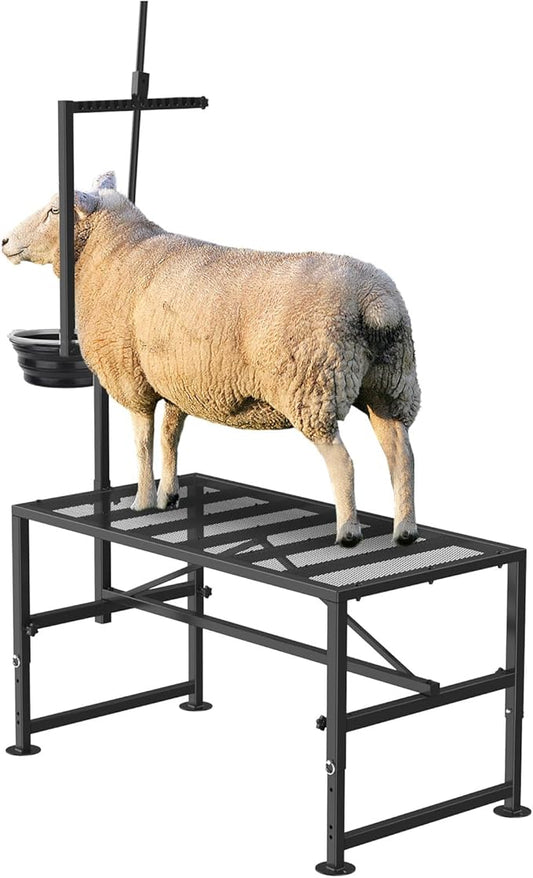 600 LBs Goat Stand with Feed Bin, Goat Milking Stand for Sheep Trimming and Milking, Hoof Trimming Stand Adjustable Size, with Feeder, Iron Black