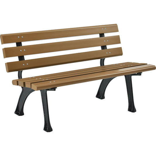 Global Industrial 4'L Outdoor Park Bench with Backrest, Recycled Plastic Slats, Wrought Iron Frame, 1100 lbs Capacity, Tan, Surface Mount, Easy Assembly