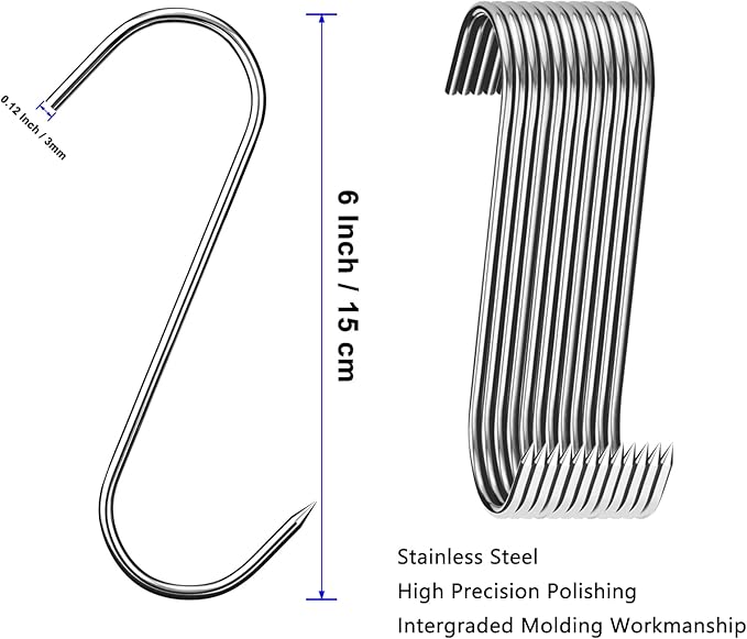 24 Pcs Meat Hooks, 6 Inch Butcher Hooks Stainless Steel , S Shaped Meat Processing Hooks for Hanging Bacon, Sausage, Beef, Hunting Smoking Ribs, Drying, Grillling BBQ For Kitchen, Market(3mm Diameter)