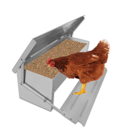 Automatic Chicken Feeder Treadle, Large Poultry Feeders No Waste Stainless Steel Rat Proof, Chicken Feeder Trough with Weatherproof Lid Treadle Self-Opening for Duck Fowl
